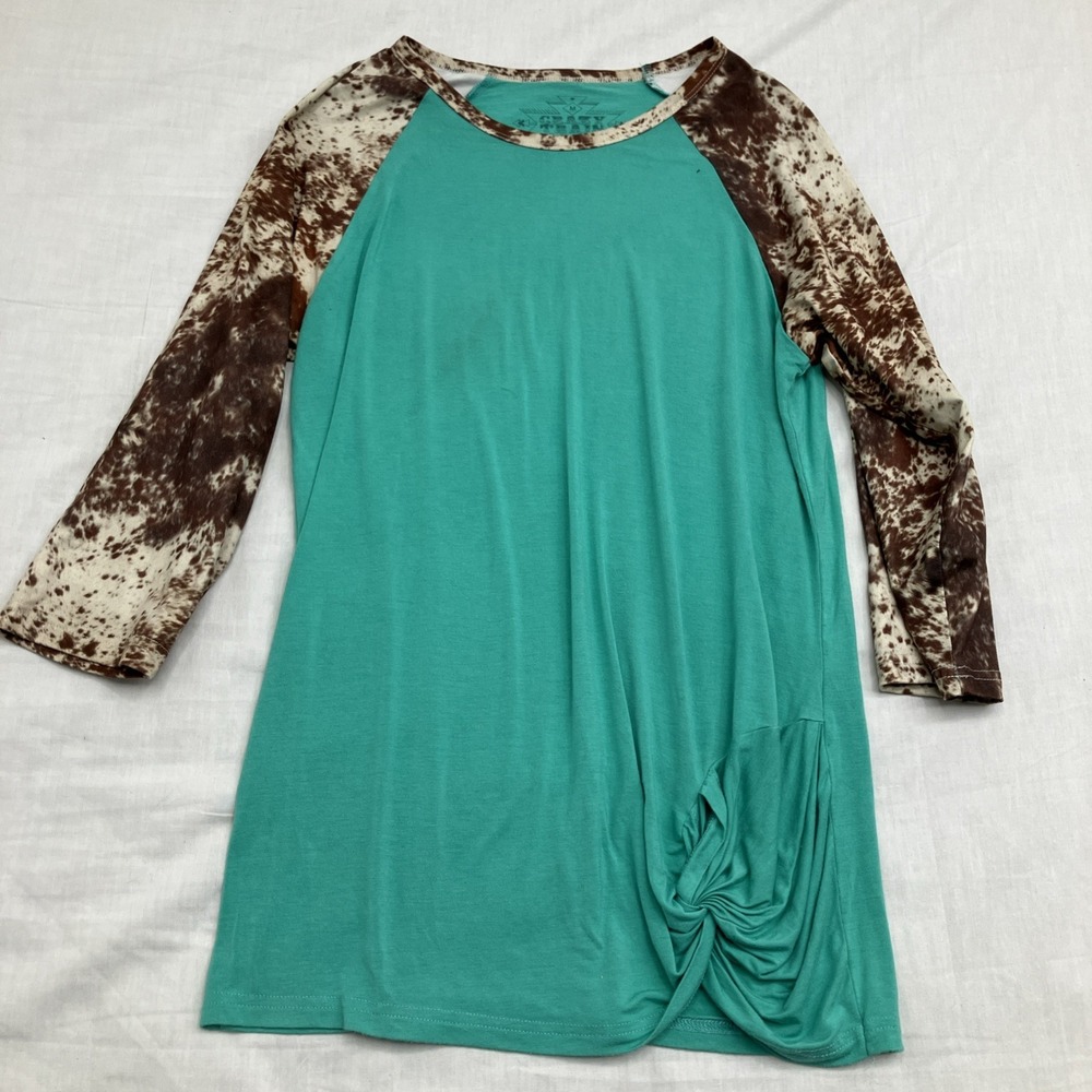 Crazy Train Womens Turquoise Cowhide Twist Hem Raglan Tee Size Medium Western
